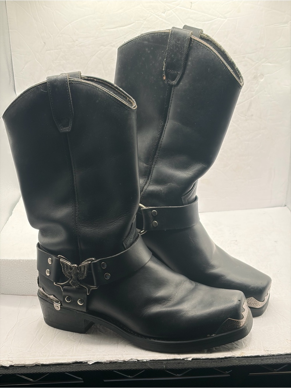 Dingo Boots Mens Size 8.5 Black Leather Biker Harness Square Toe Mid Calf